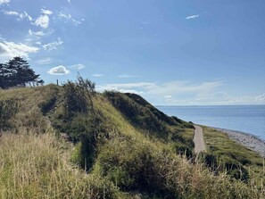 Un sentier côtier avec un terrain herbeux et une vue dégagée sur la mer.