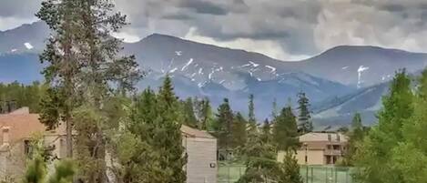 A residential area with houses, a driveway, and a mountain range in the background.