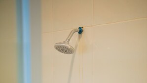 Um chuveiro com um chuveiro manual e uma válvula de parede.