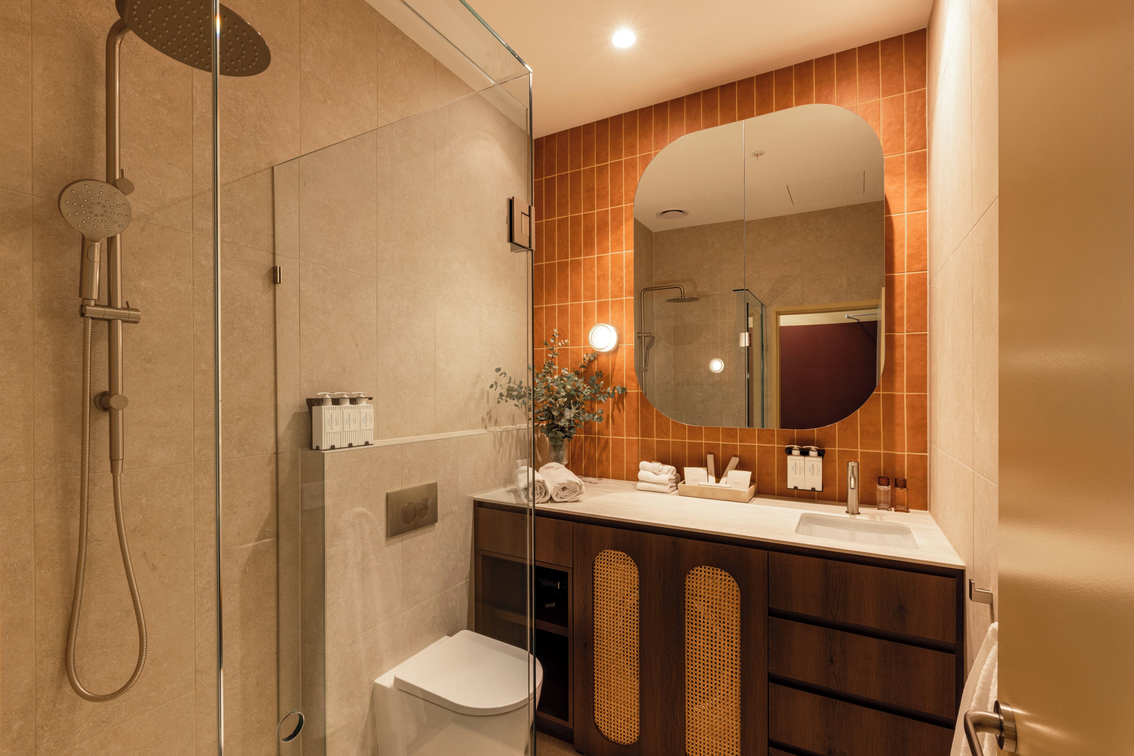 A modern bathroom with a glass-enclosed shower, a toilet, a vanity with a mirror, and a sink.