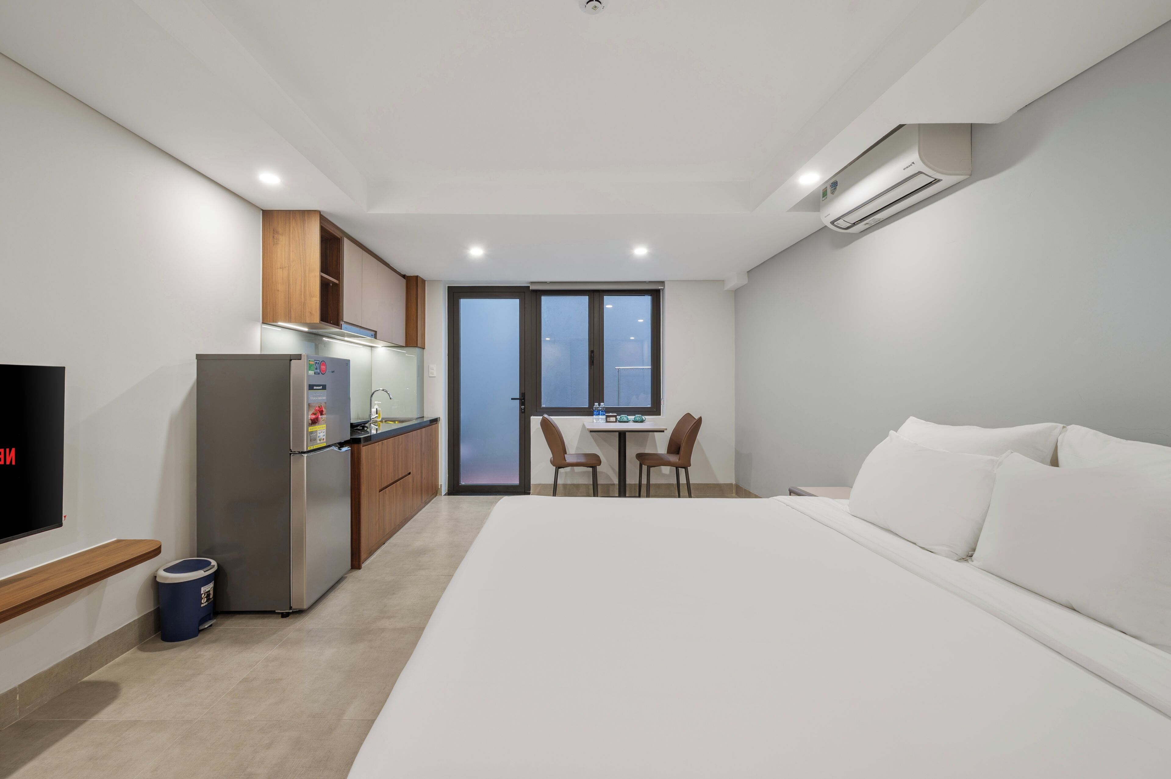Desk, laptop workspace, blackout curtains, free WiFi