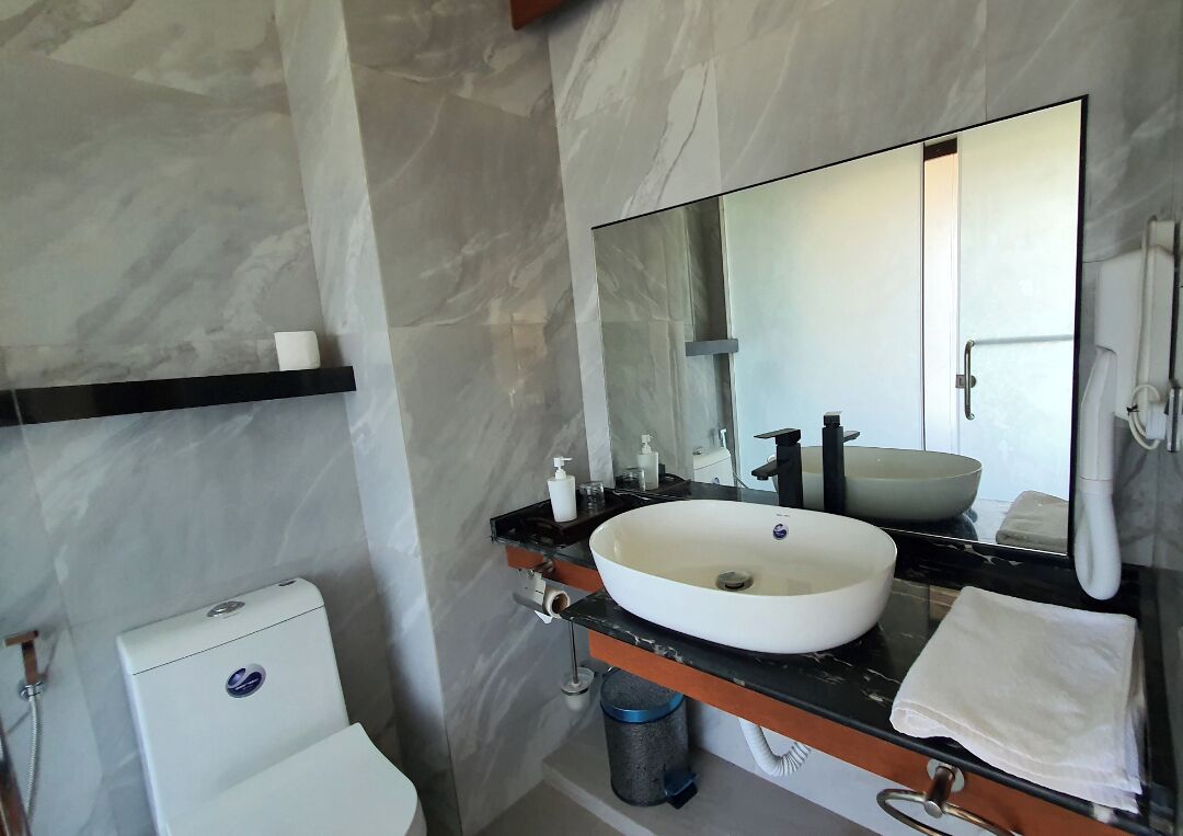 A bathroom with a white toilet, a large oval sink, a mirror, and a towel rack.