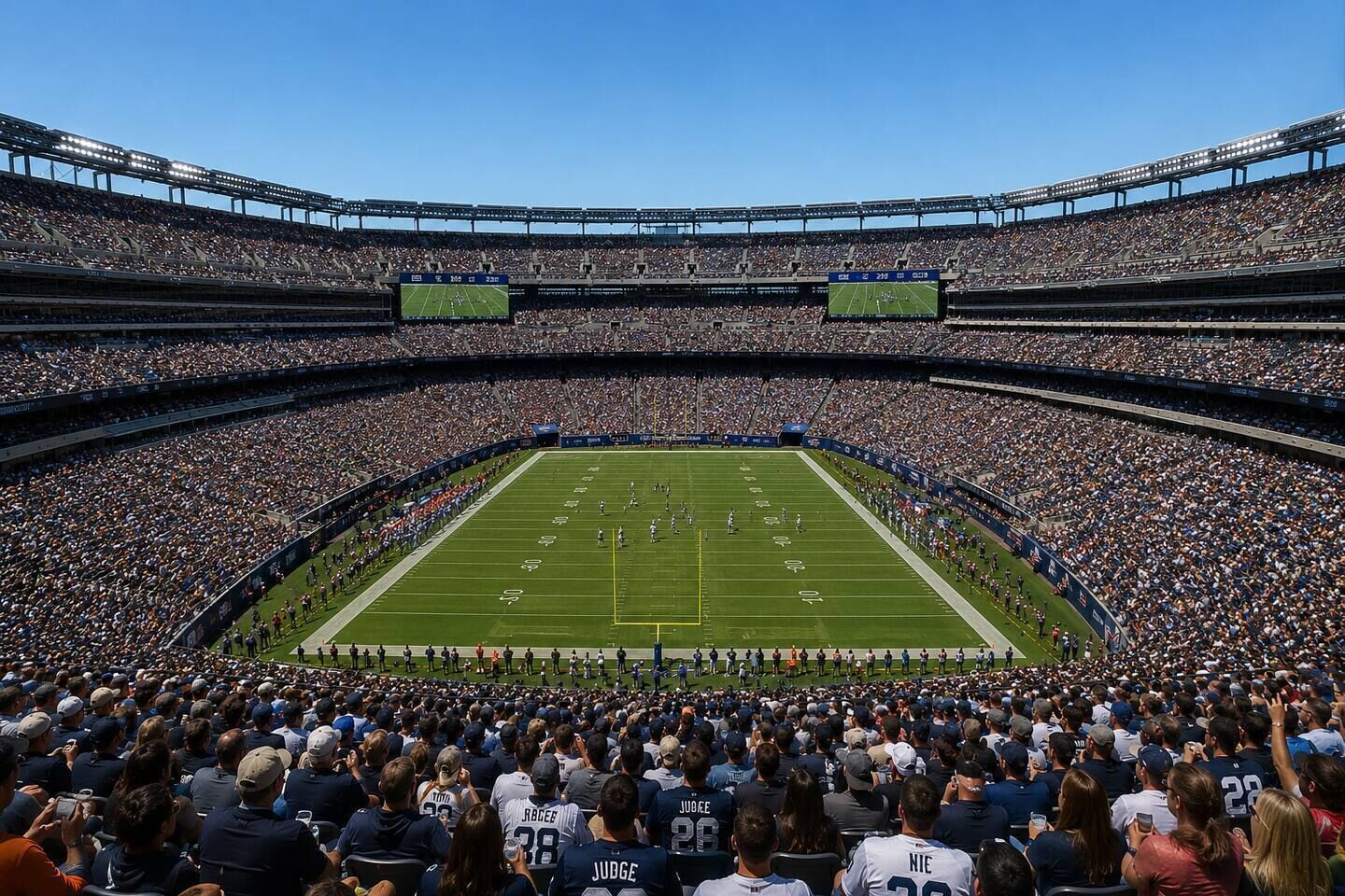A large stadium with multiple tiers of seating, a football field, and a scoreboard.
