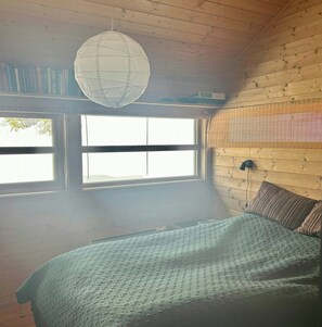 A bedroom with a bed, two windows, a hanging light fixture, and a bookshelf.