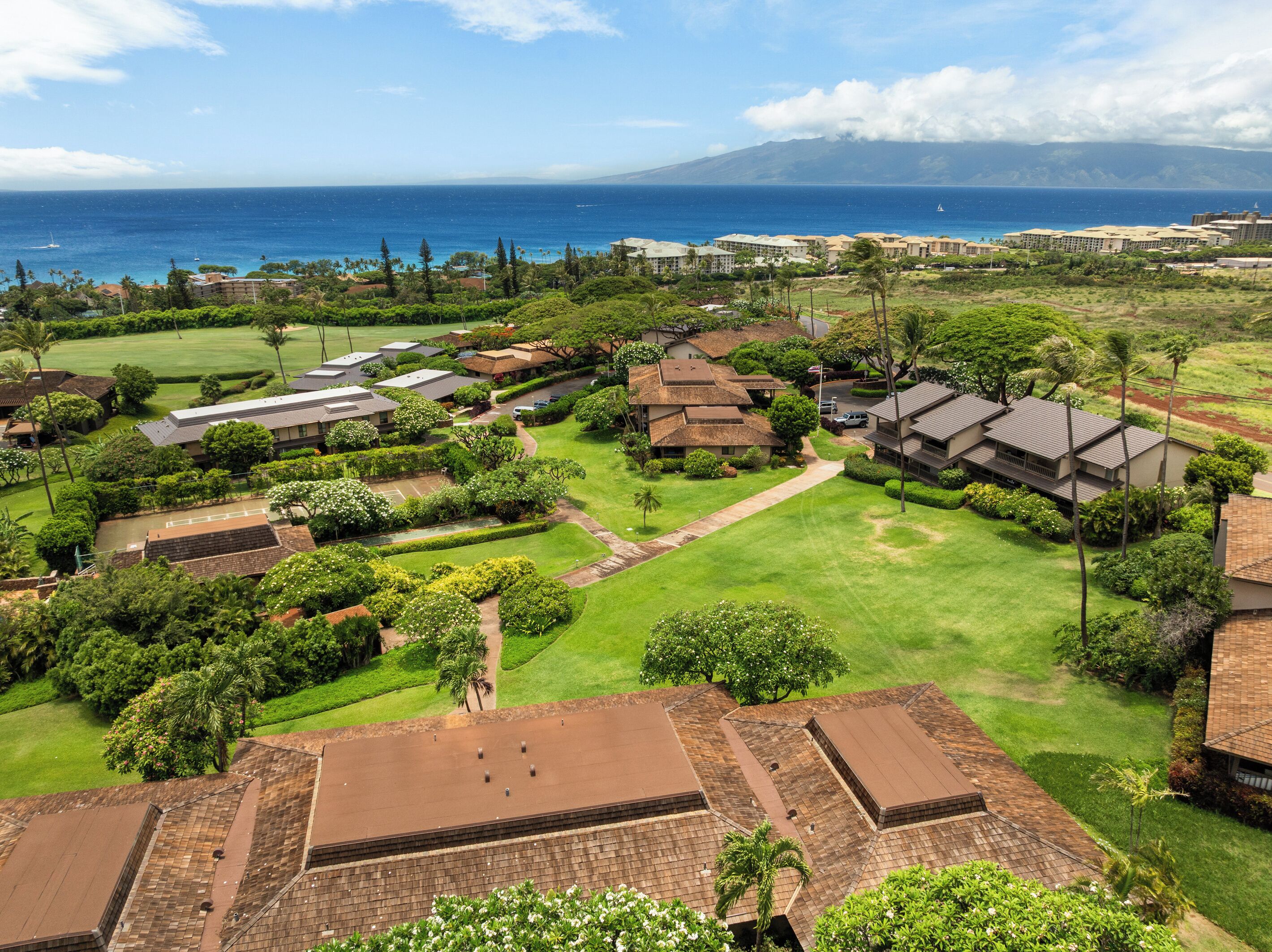 A residential area with houses, a golf course, and a view of the ocean.