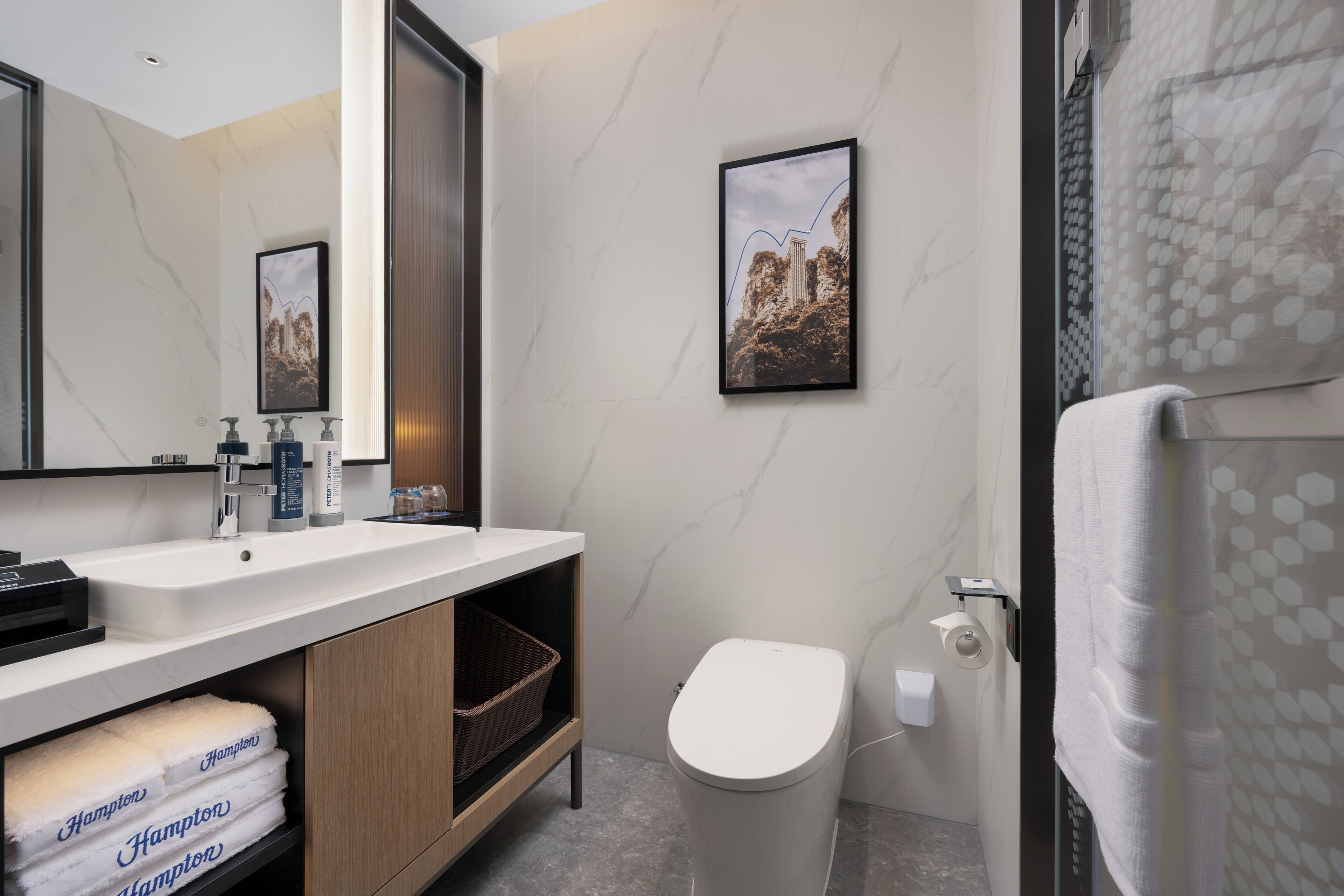 A modern bathroom with a marble sink, a toilet, and a shower area.