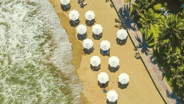 A beach with umbrellas and lounge chairs, palm trees, and a sandy shoreline. - Aston Nha Trang City Hotel (Nha Trang)