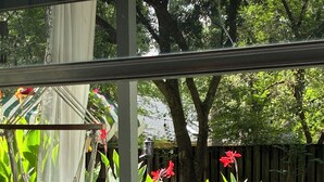 Ein Garten mit Hängematte, Hühnern und einem Holzzaun.