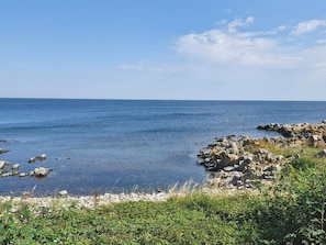 Eine Küstenlandschaft mit klarem, blauem Wasser, felsigem Ufer und grüner Vegetation.