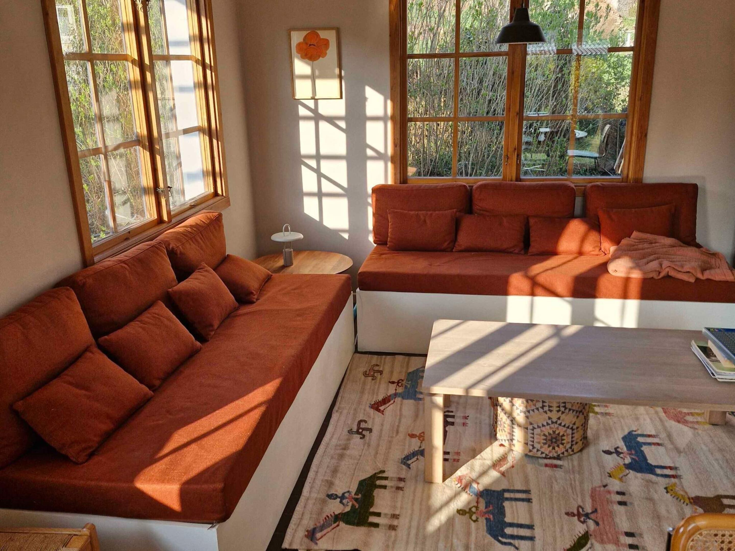 A cozy living room with a sofa, a coffee table, and a rug with animal prints.