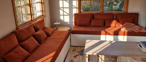 A cozy living room with a sofa, a coffee table, and a rug with animal prints.