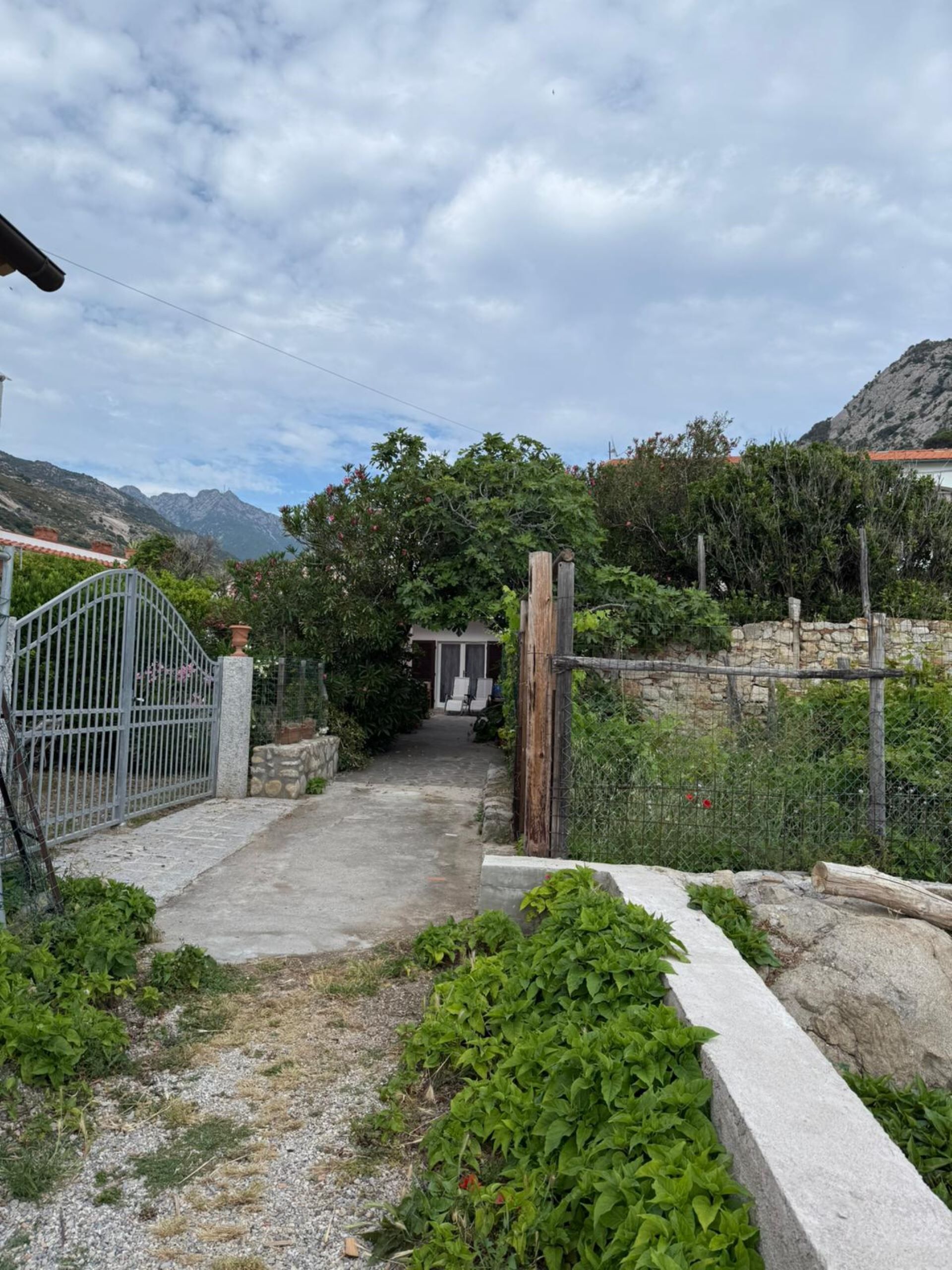 Ein Weg zu einem Haus mit einer Steinmauer und einem Metalltor.