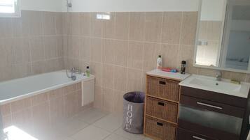 Hair dryer, towels, soap, toilet paper