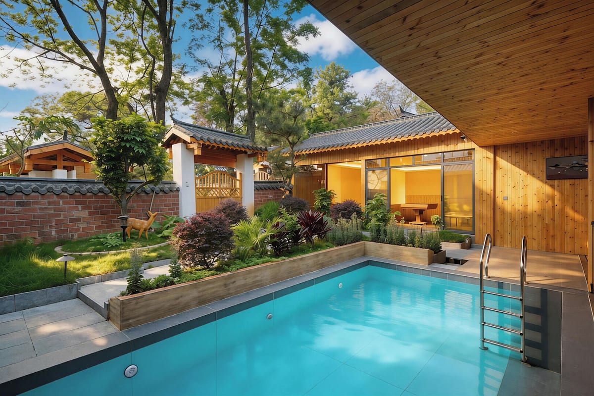 Una piscina con cubierta de madera, rodeada por un jardín con diversas plantas y un edificio tradicional con tejado de azulejos.