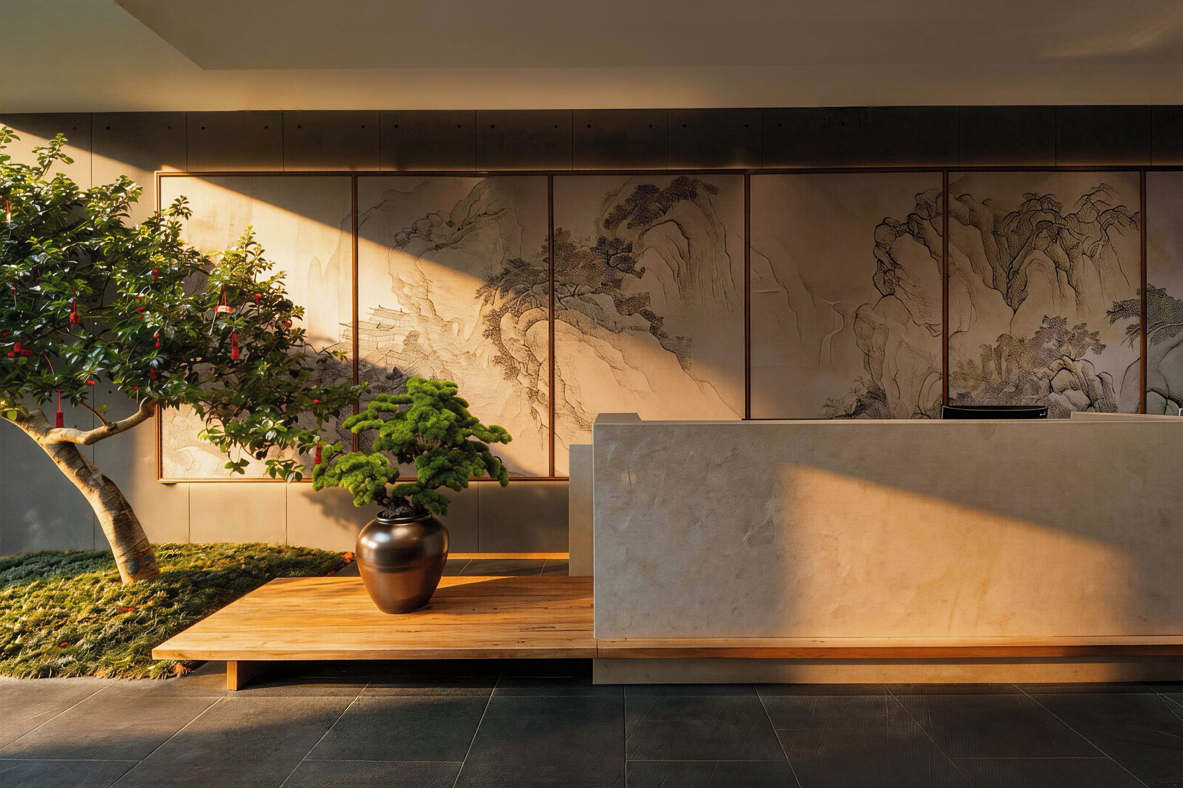 A reception area with a wooden reception desk, a potted plant, and a traditional mural on the wall.