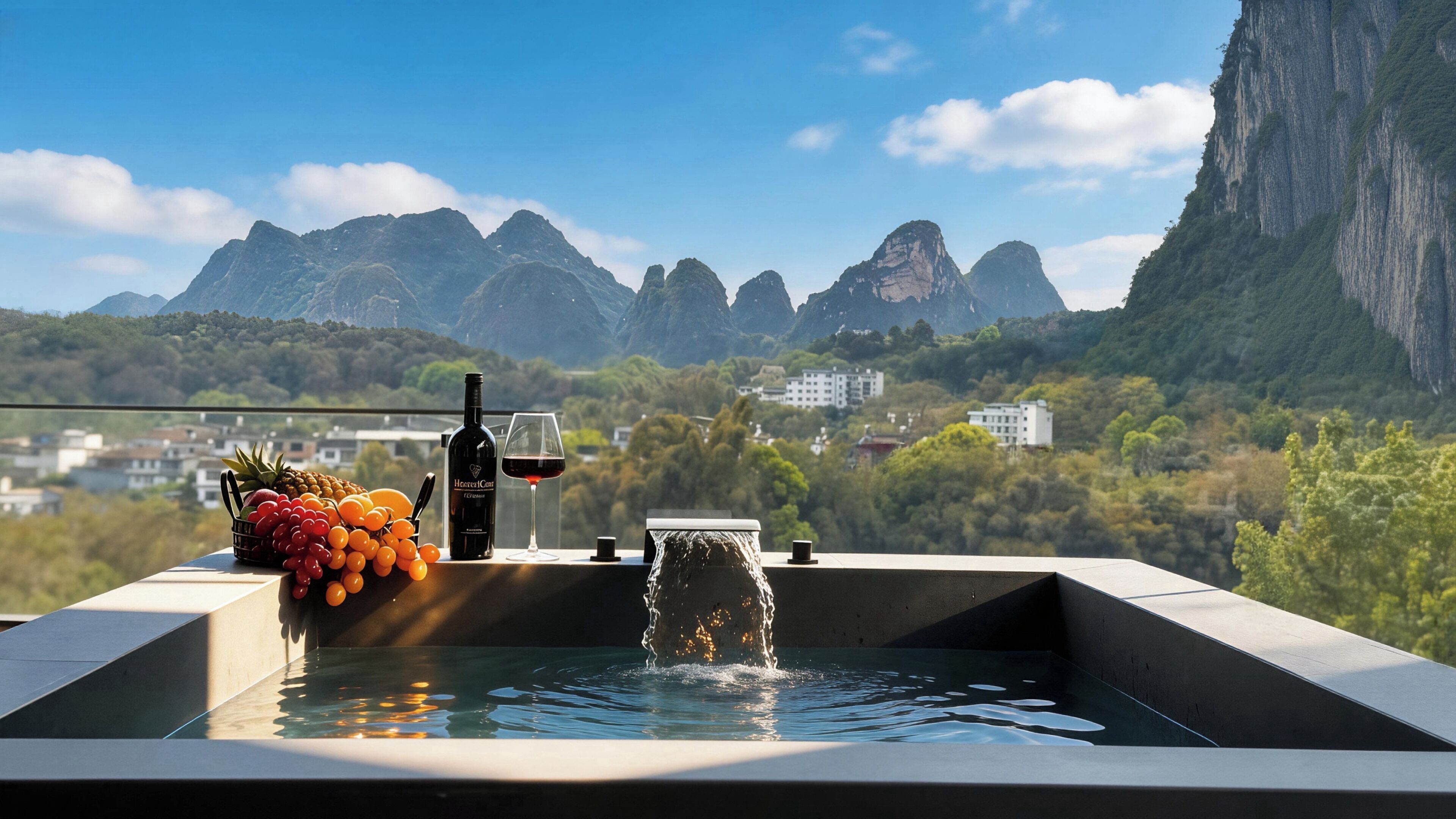 Piscina con botella de vino y fruta, con vista a un paisaje montañoso.