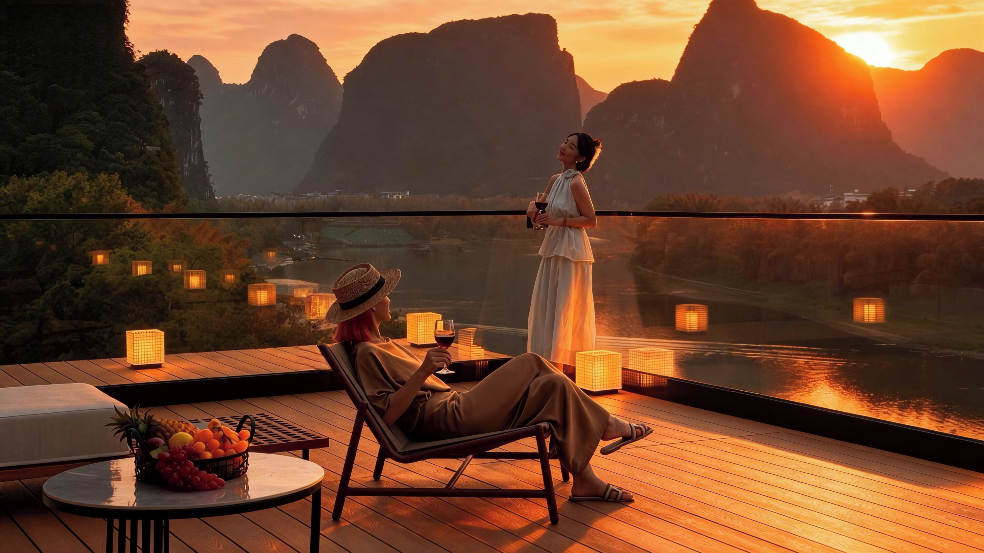 A balcony with a view of a river and mountains, a table with fruit, and a person holding a glass.