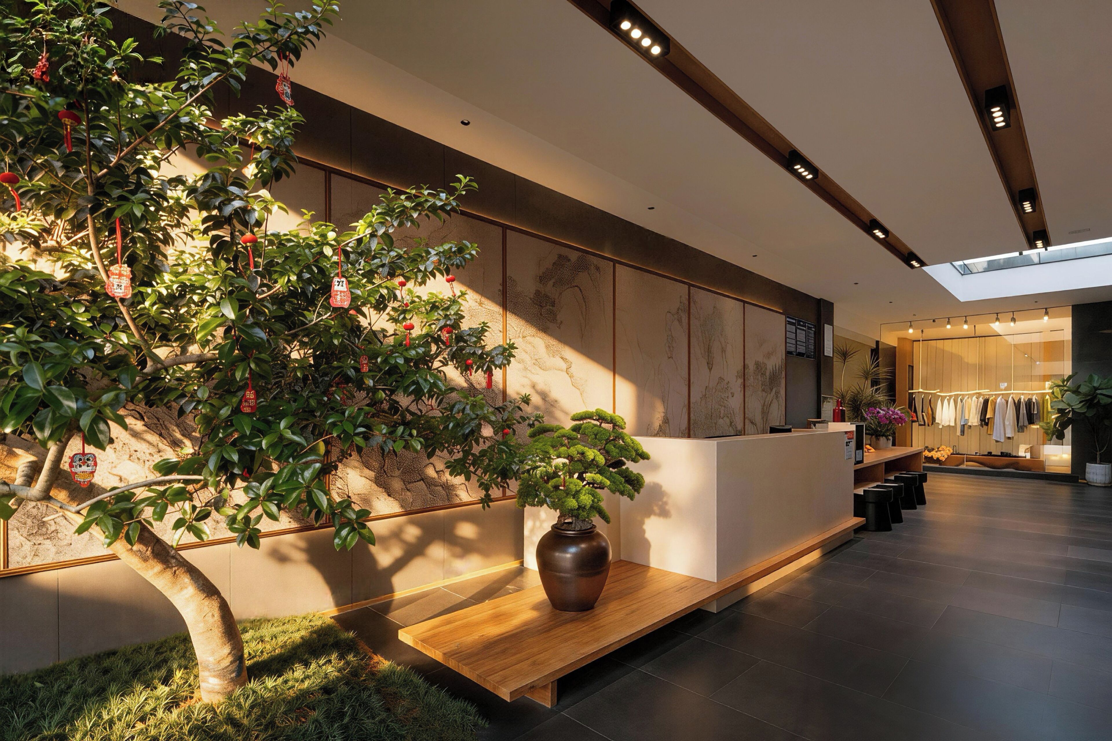 A modern interior with a reception desk, a bonsai tree, and a clothing store.