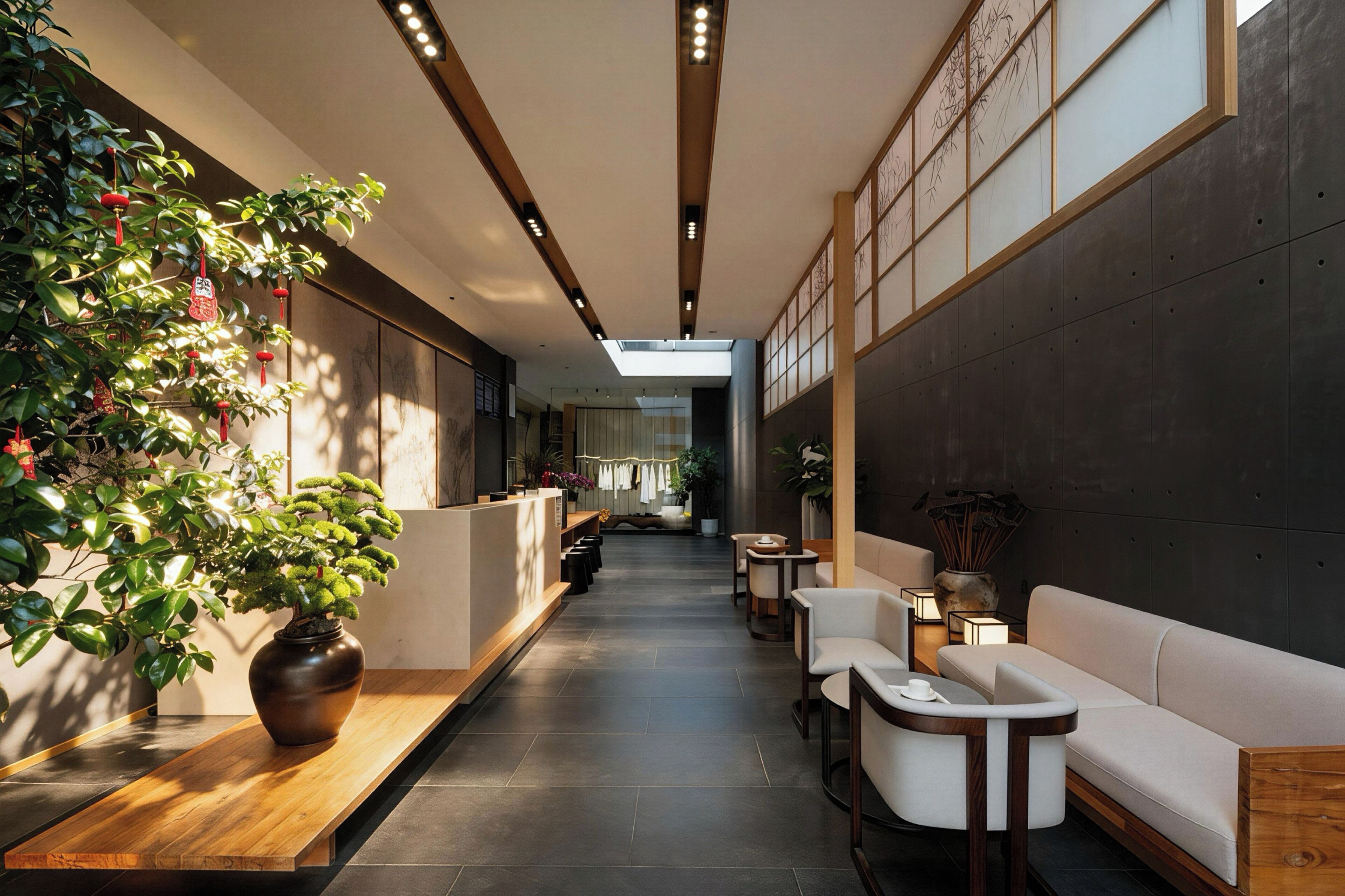 A modern interior with a reception desk, seating area, and a large plant.