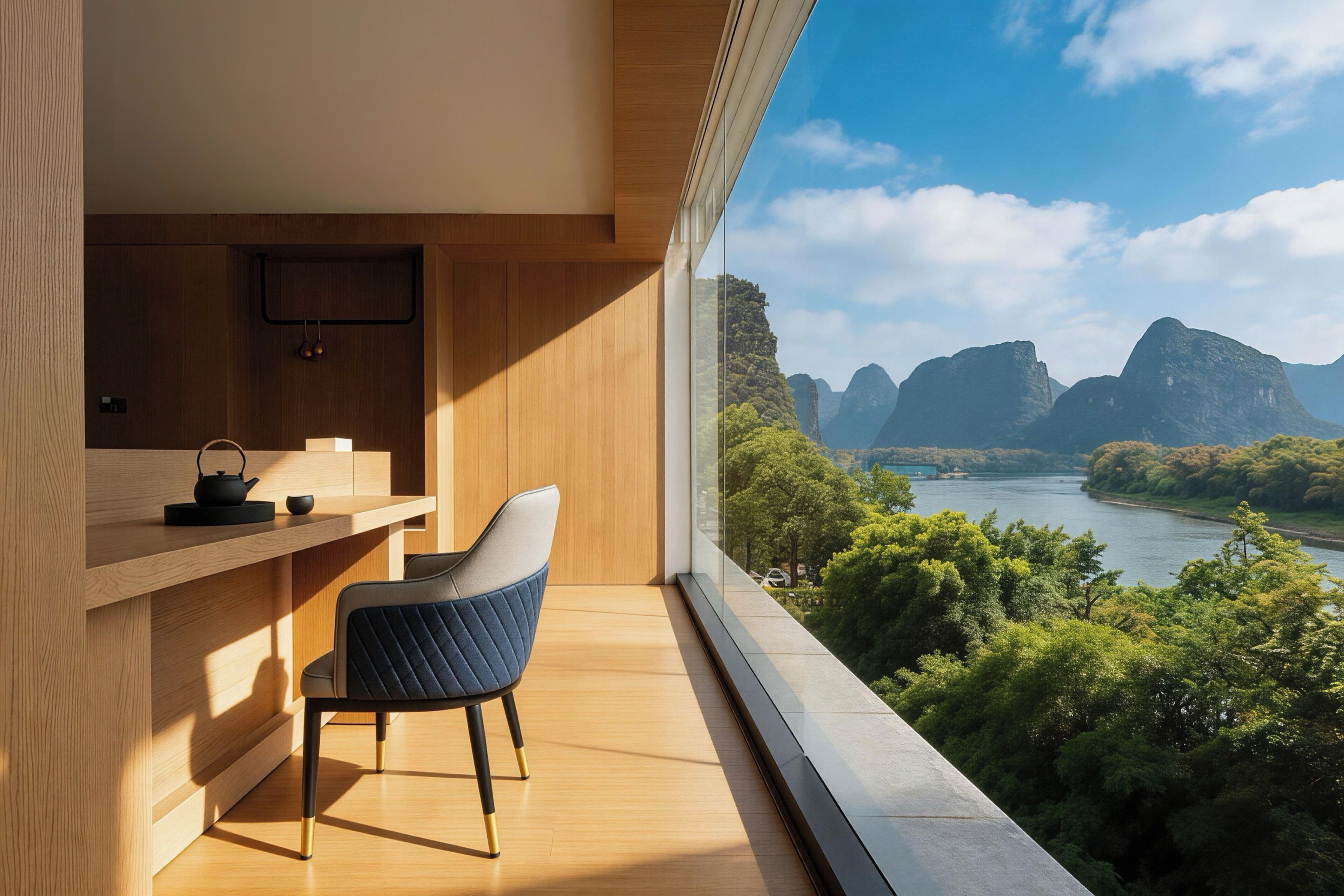 Ein modernes Zimmer mit Schreibtisch aus Holz, Stuhl und einem großen Fenster mit Blick auf einen Fluss und Berge.