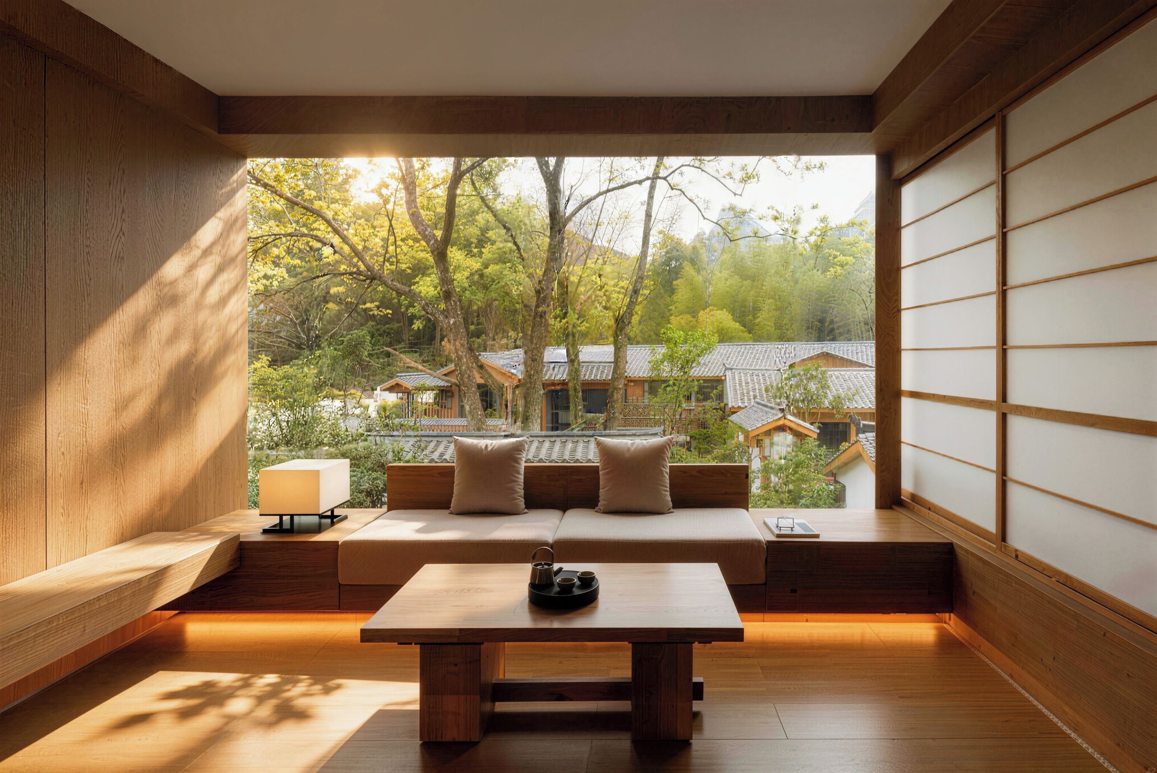 A traditional Japanese room with tatami flooring, a low table with tea set, a cushioned bench, and a view of traditional houses through a shoji screen.