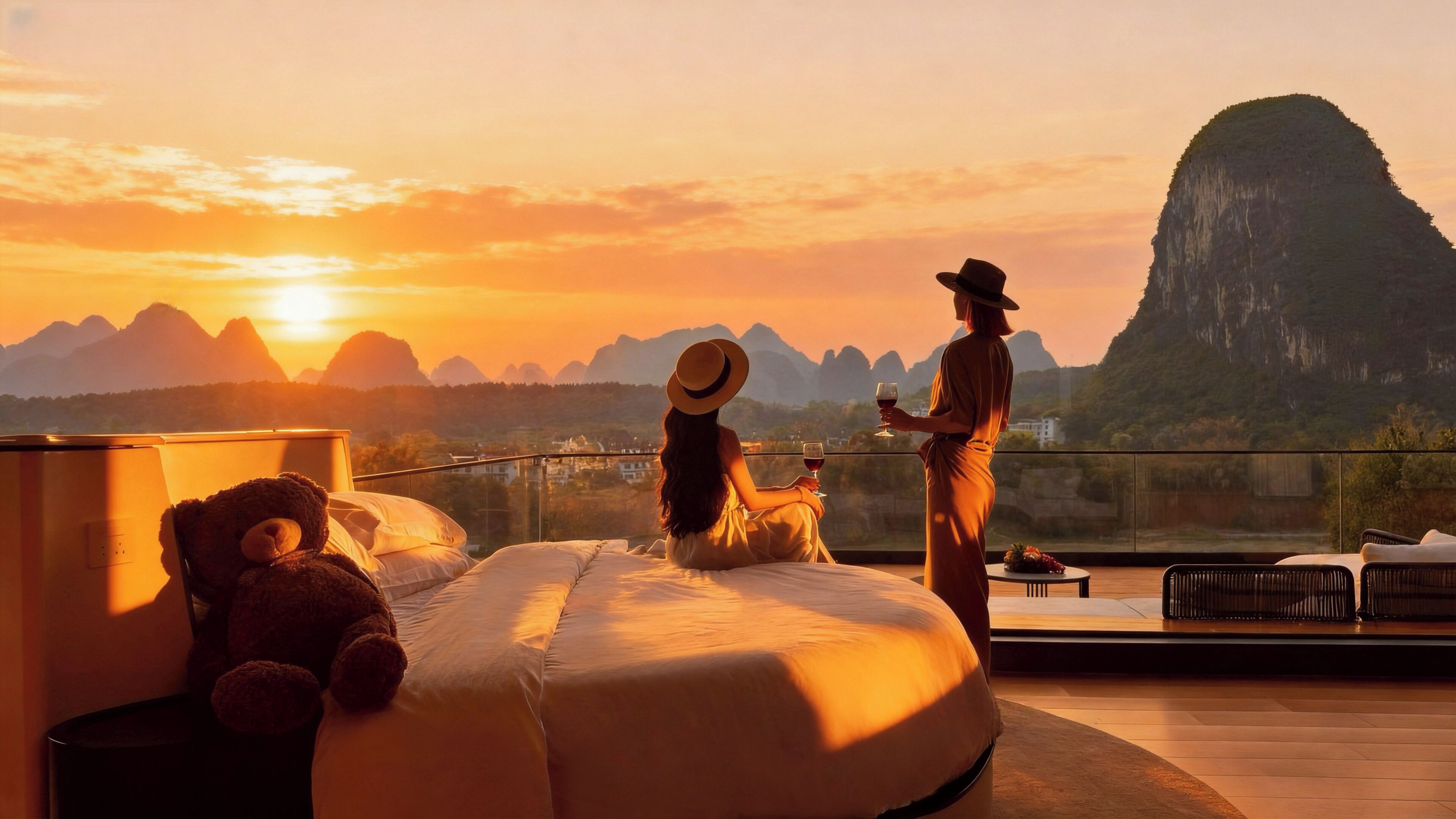 A room with a bed, a teddy bear, and a balcony with a view of mountains and a waterfall.
