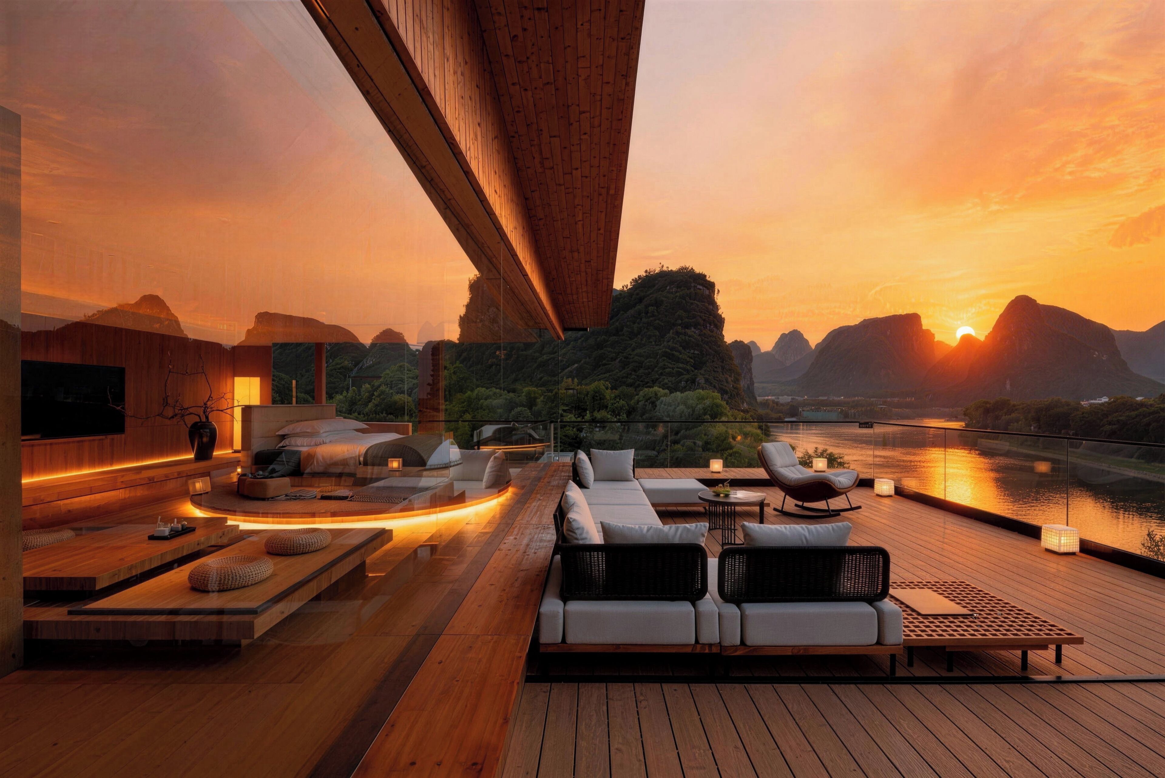 Un moderno espacio lounge al aire libre con terraza de madera, arreglos de asientos y vistas a un río al atardecer.