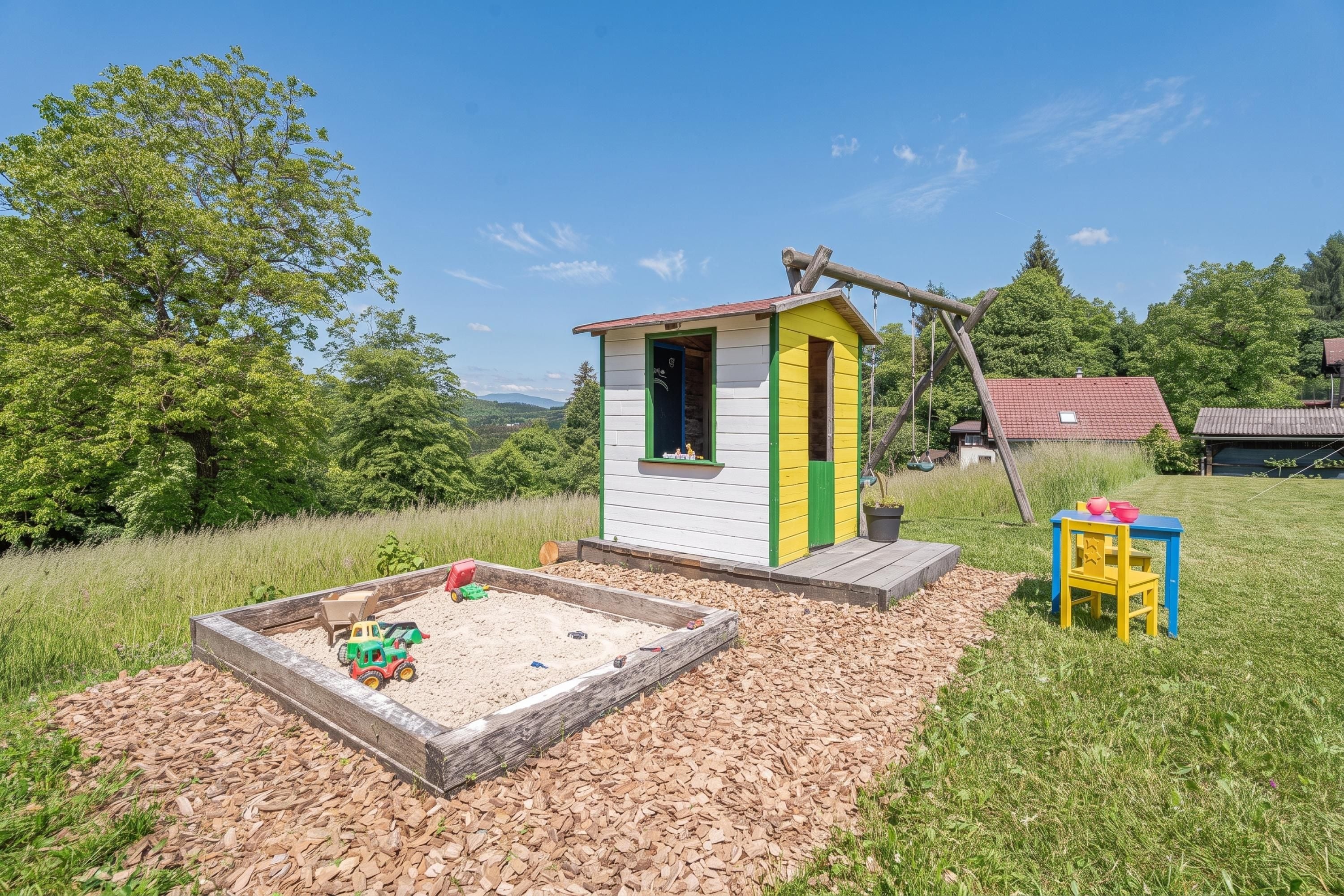 A small playhouse with a colorful exterior, a sandbox with toys, and a wooden swing set.