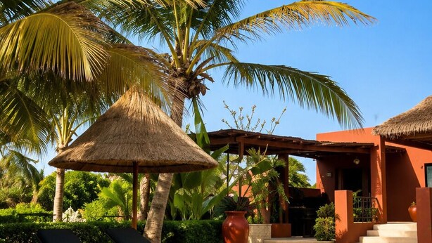 A poolside area with lounge chairs, a thatched umbrella, palm trees, and a building with a red facade.