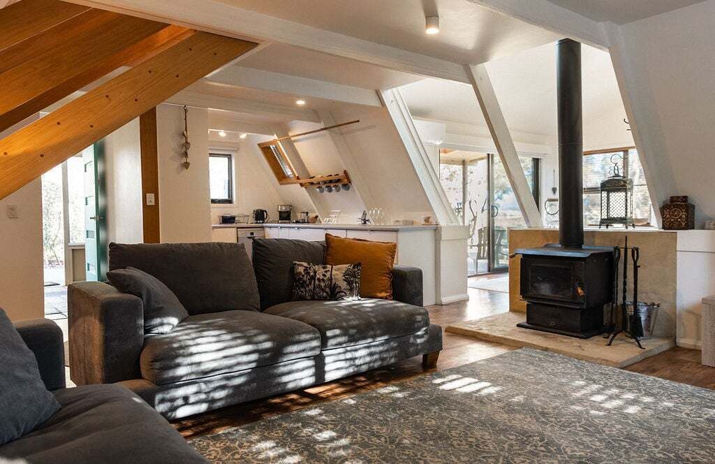 TV, fireplace, books