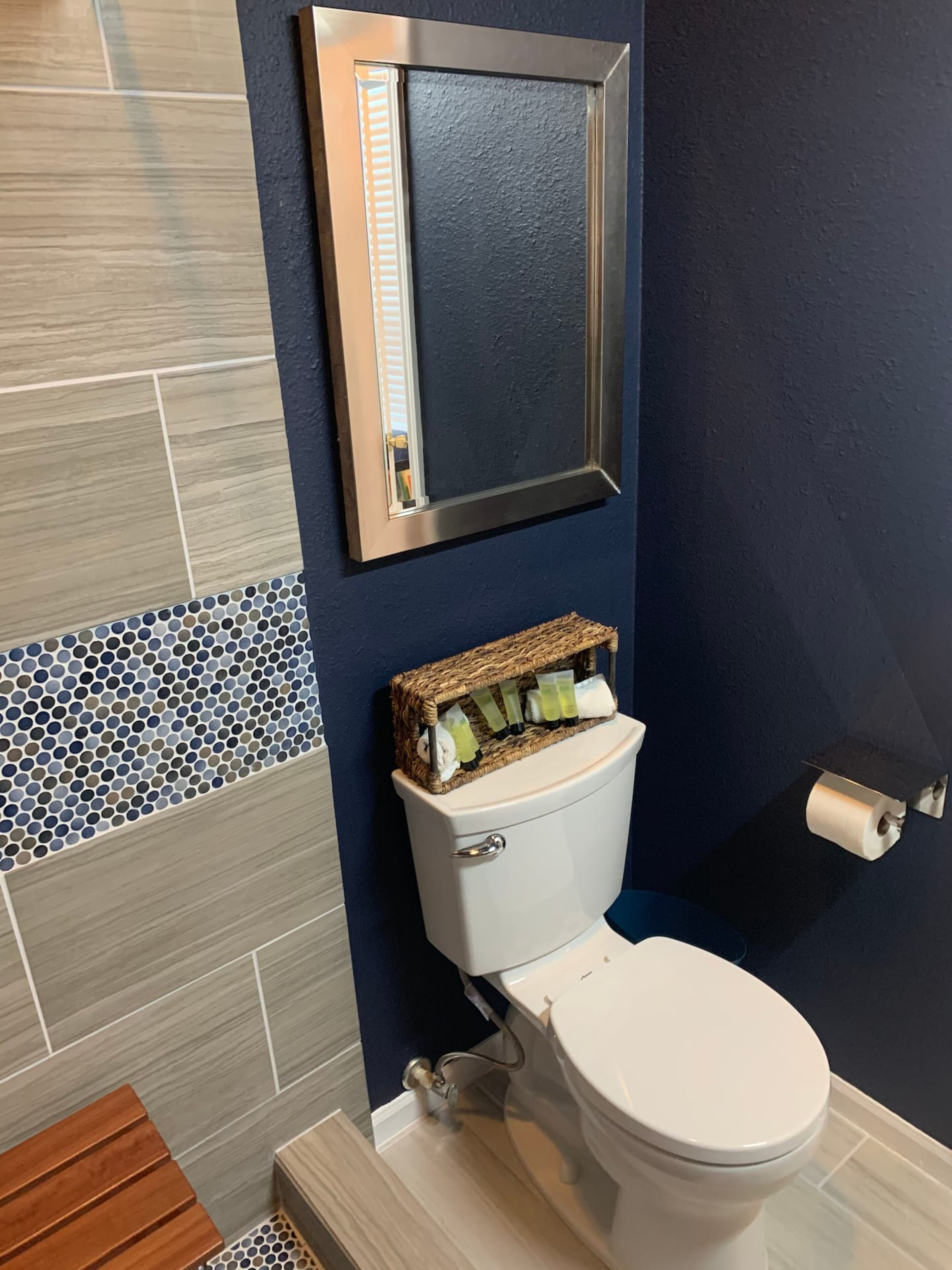 A bathroom with a toilet, a mirror, and a toilet paper holder.