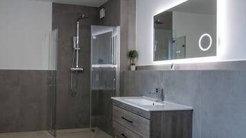 Regadera, secadora de cabello, toallas, papel de baño
