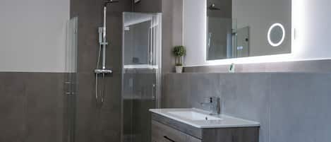 Shower, hair dryer, towels, toilet paper