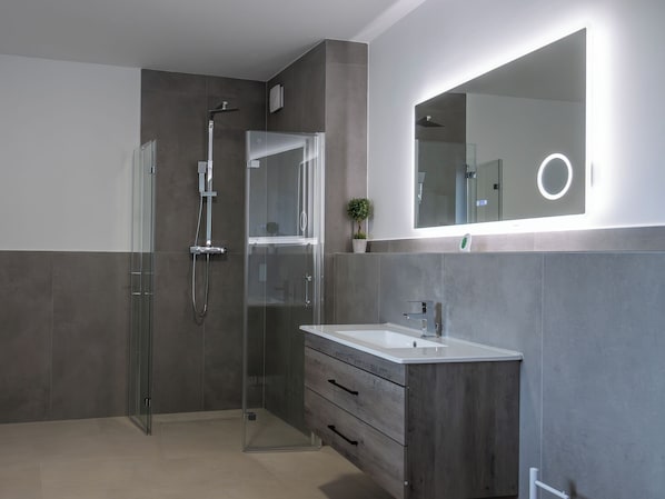 Une salle de bain moderne avec une douche à parois de verre, un meuble-lavabo avec un miroir et une petite plante en pot.