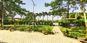 A paved walkway with potted plants and trees, leading to a structure in the distance.
