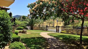 A paved pathway leading through a landscaped area with a stone wall and a metal gate.