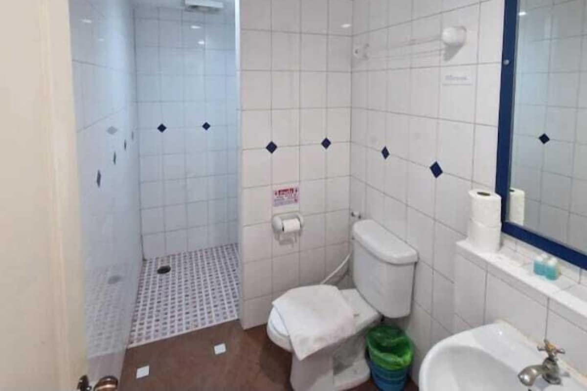 A bathroom with a toilet, sink, and shower area.
