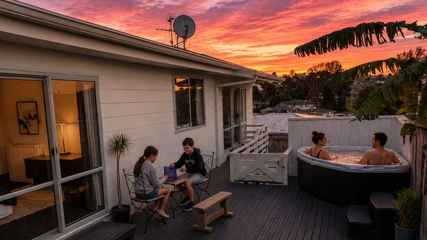 Eine Terrasse mit Whirlpool, Tisch und Stühlen, sowie ein Haus mit Satellitenschüssel.