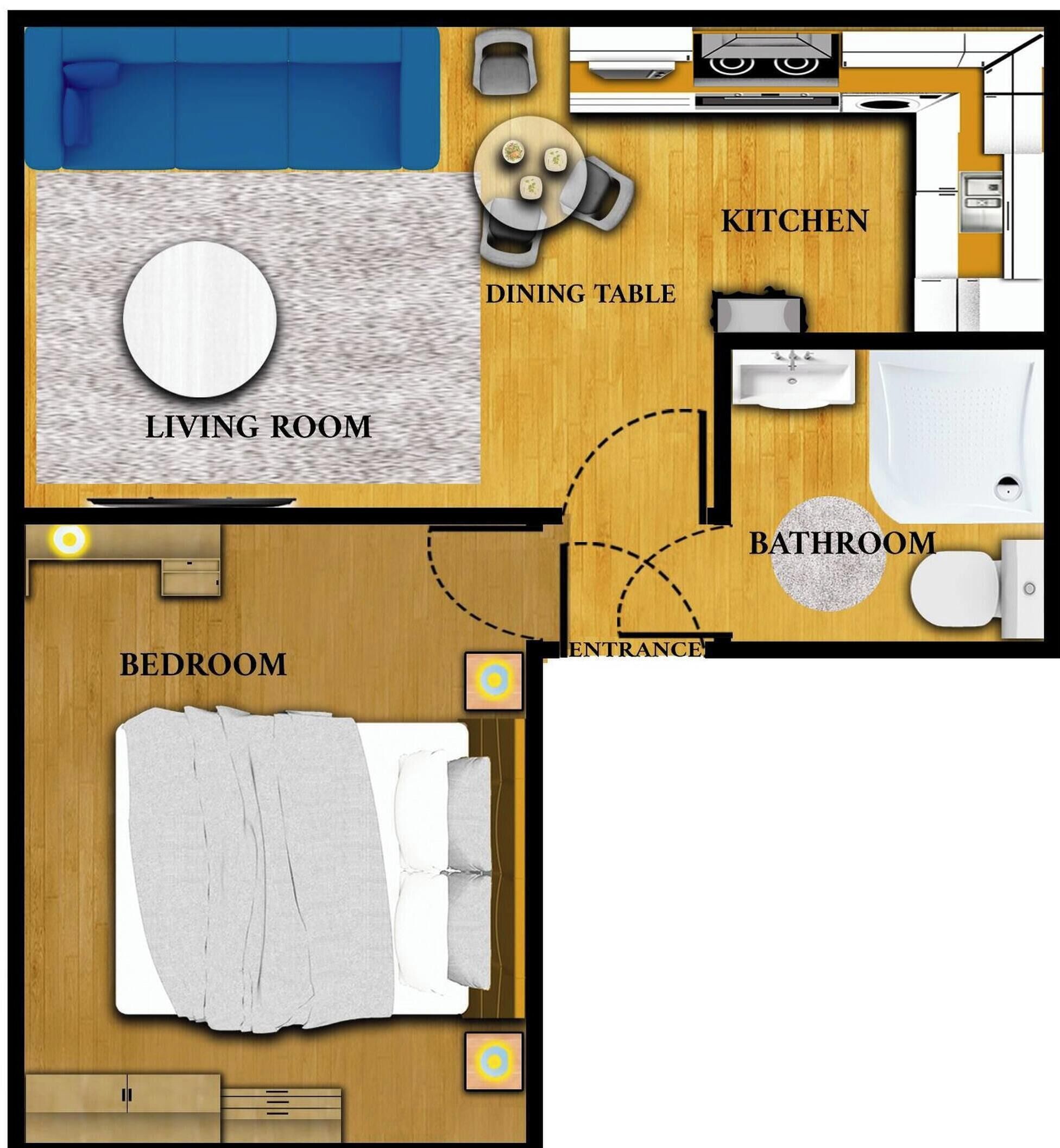 A floor plan with a living room, dining table, kitchen, bathroom, and bedroom.