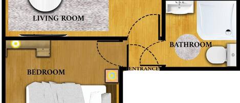 A floor plan with a living room, dining table, kitchen, bathroom, and bedroom.