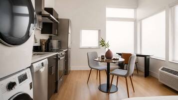 Coffee/tea maker, fridge, microwave, oven