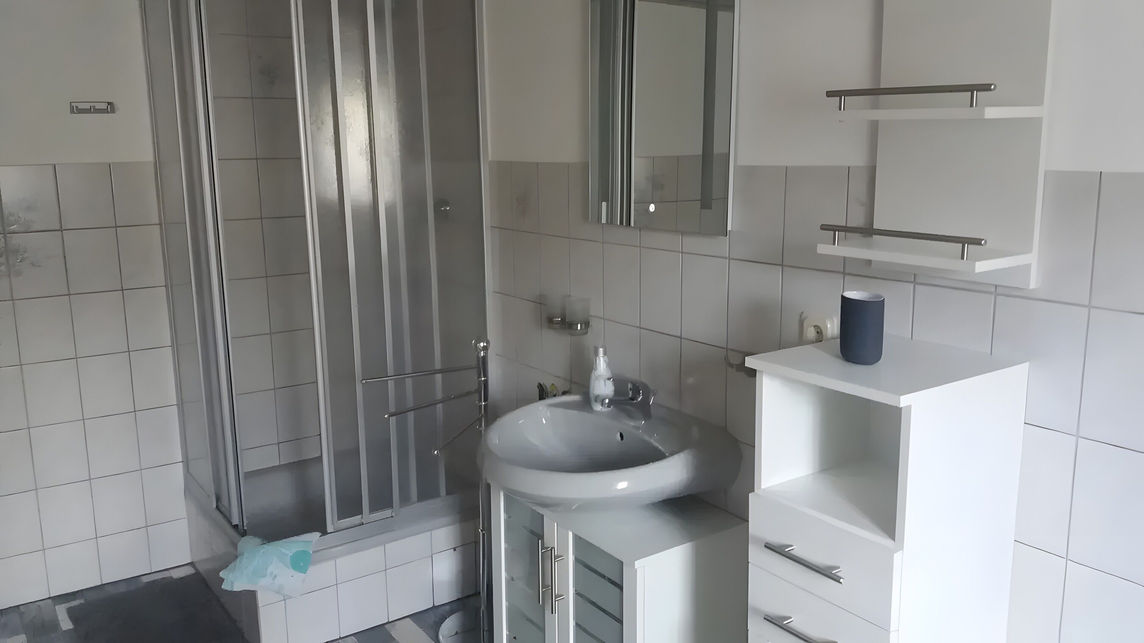 A modern bathroom with a glass shower enclosure, a white sink, and a mirror above it.