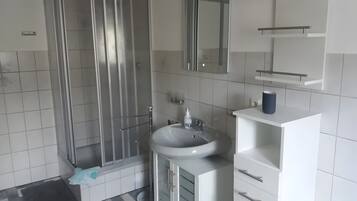 A modern bathroom with a glass shower enclosure, a white sink, and a mirror above it.