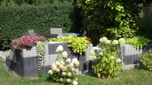 A garden with various plants and flowers, a concrete wall, and a hedge in the background. - Apartment “Haus Am Fischbach” with Shared Terrace, Garden, and Wi-Fi (Waltershausen)
