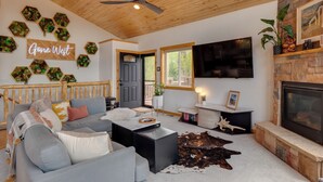 A modern living room with a sofa, coffee table, and fireplace. - Rocky Mtn Hideaway w/ Hot Tub & Panoramic Views (Fairplay)