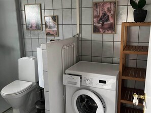 A compact bathroom with a toilet, a washing machine, and a shelf with a potted plant. - 4 Star Holiday Home in Thisted (Thisted)