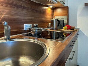 A modern kitchen with a stainless steel sink, a stove, and a kettle. - Cozy vacation apartment with a view, starting point for hikes, near Winterberg (Winterberg)
