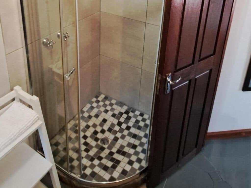 Casa de banho com cabine de chuveiro em vidro, chão xadrez e porta de madeira.