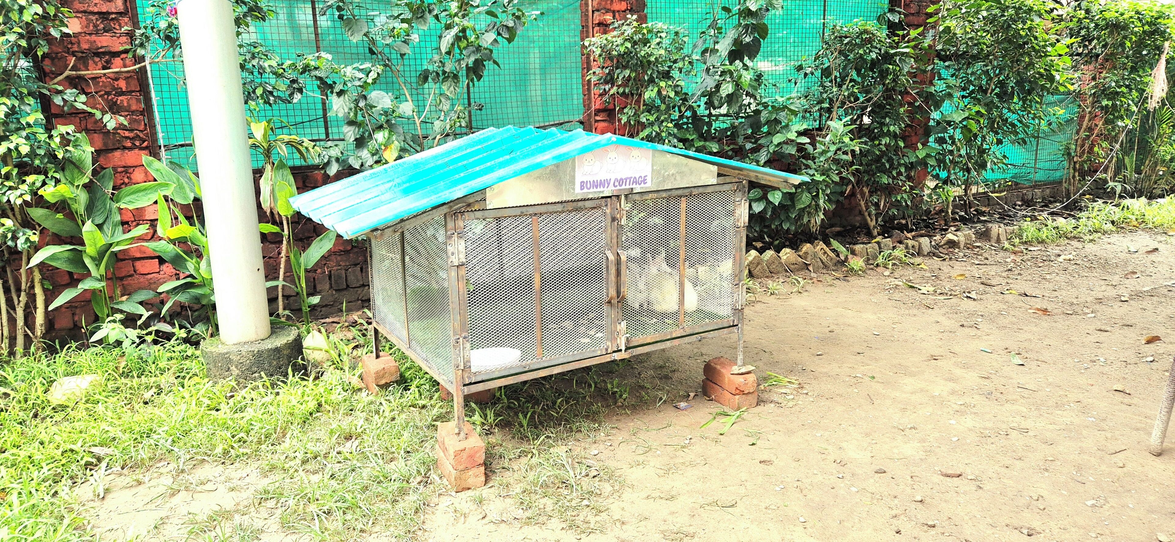 Una estructura metálica con techo, posiblemente un cobertizo o depósito, ubicada en un sendero de tierra con vegetación y un muro de ladrillo al fondo.