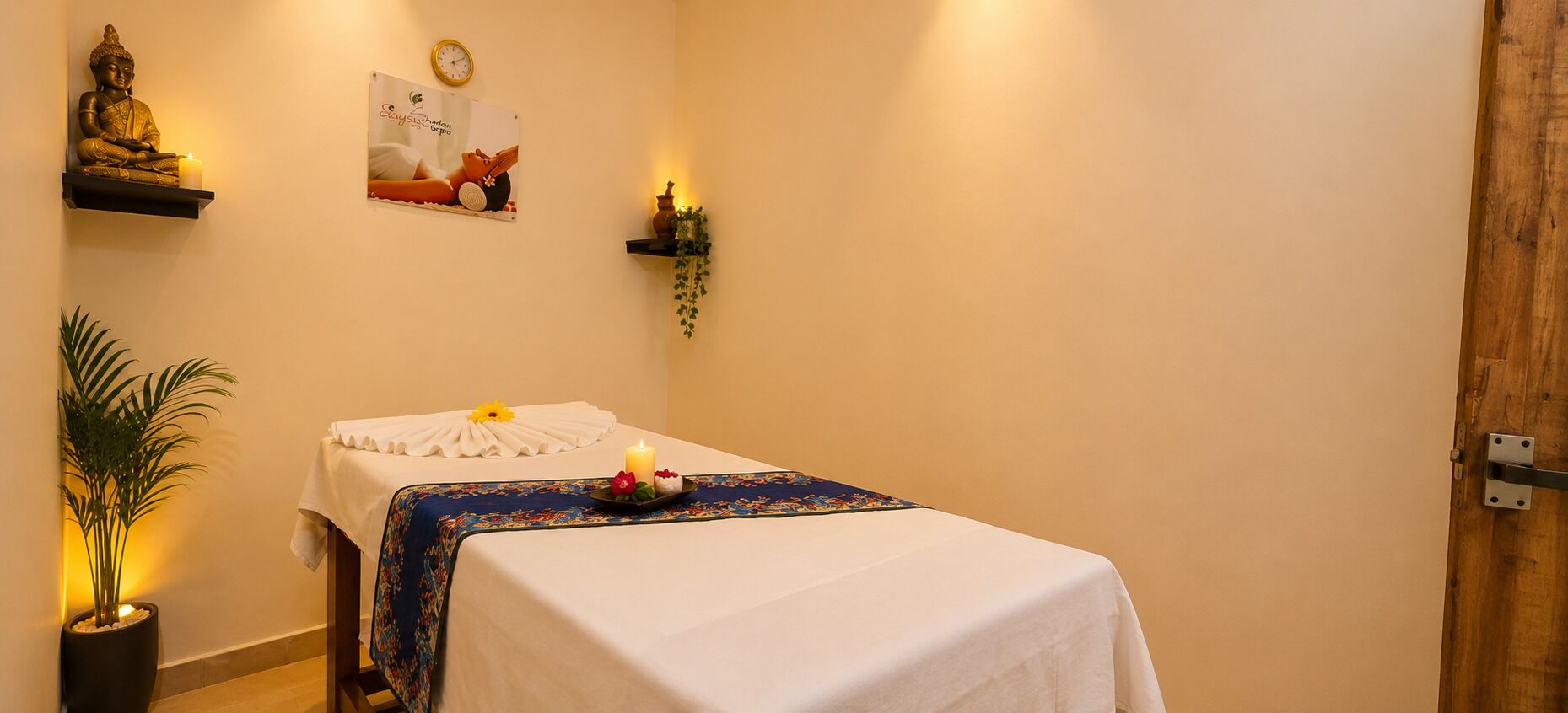 A room with a massage table, a Buddha statue, a clock, a poster, and a potted plant.
